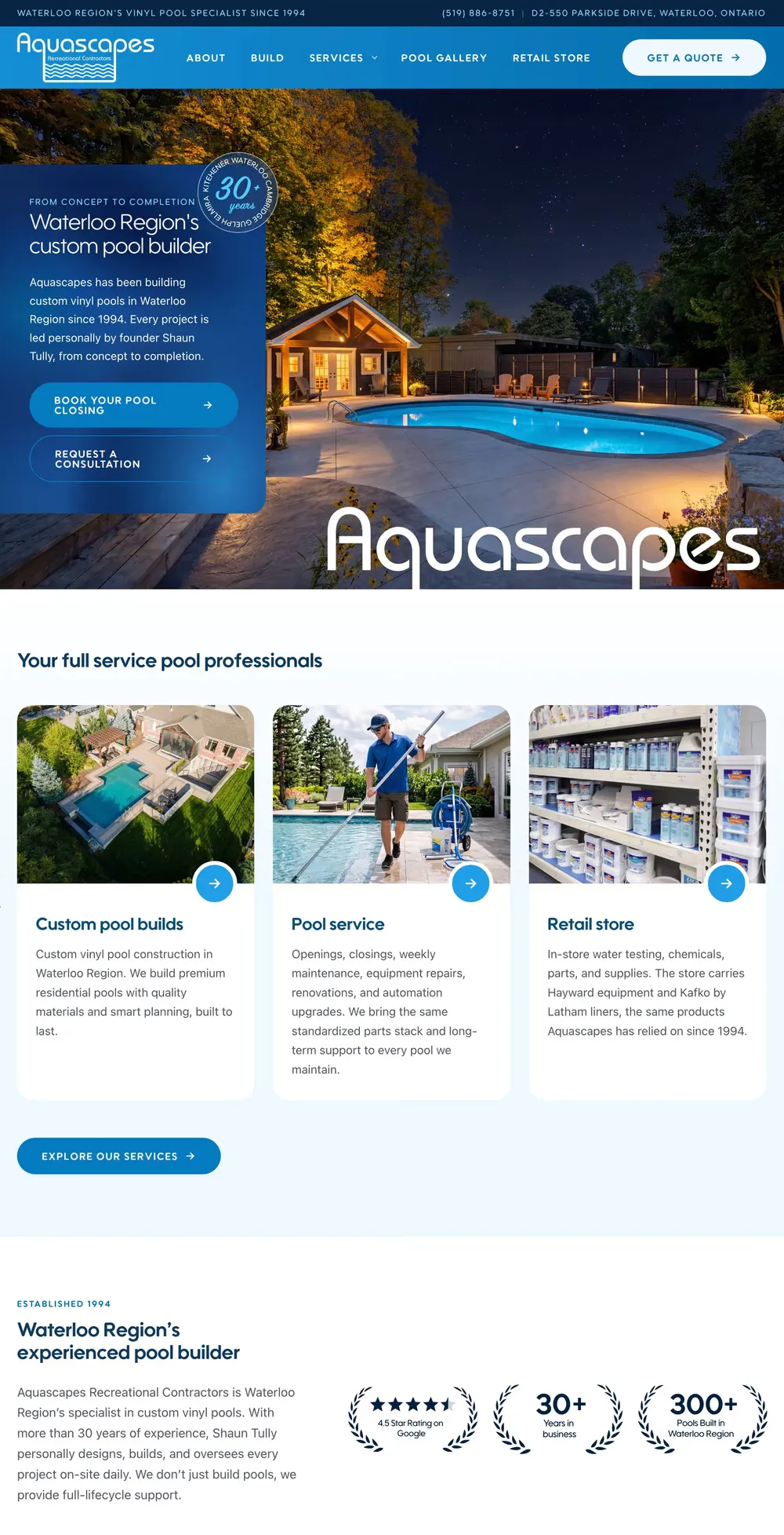 The Aquascapes home page on desktop: a dusk photograph of a lit pool and cabana behind the Waterloo Region's custom pool builder headline.