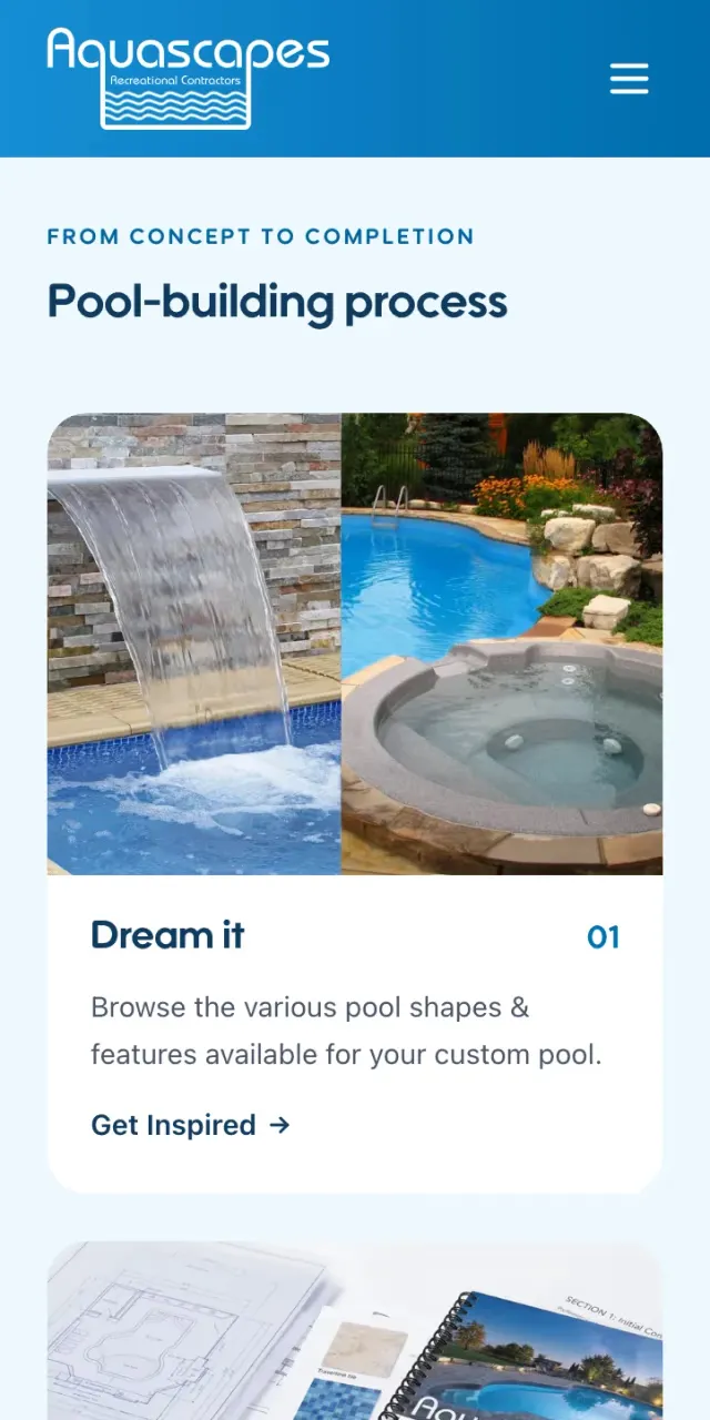 The pool building process page at phone width: a waterfall and hot tub photo pair above step one, Dream it.