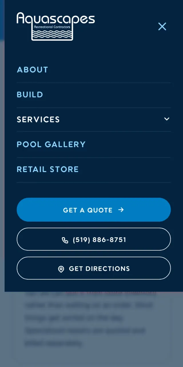The mobile navigation menu open on a deep blue panel: About, Build, Services, Pool Gallery and Retail Store links.