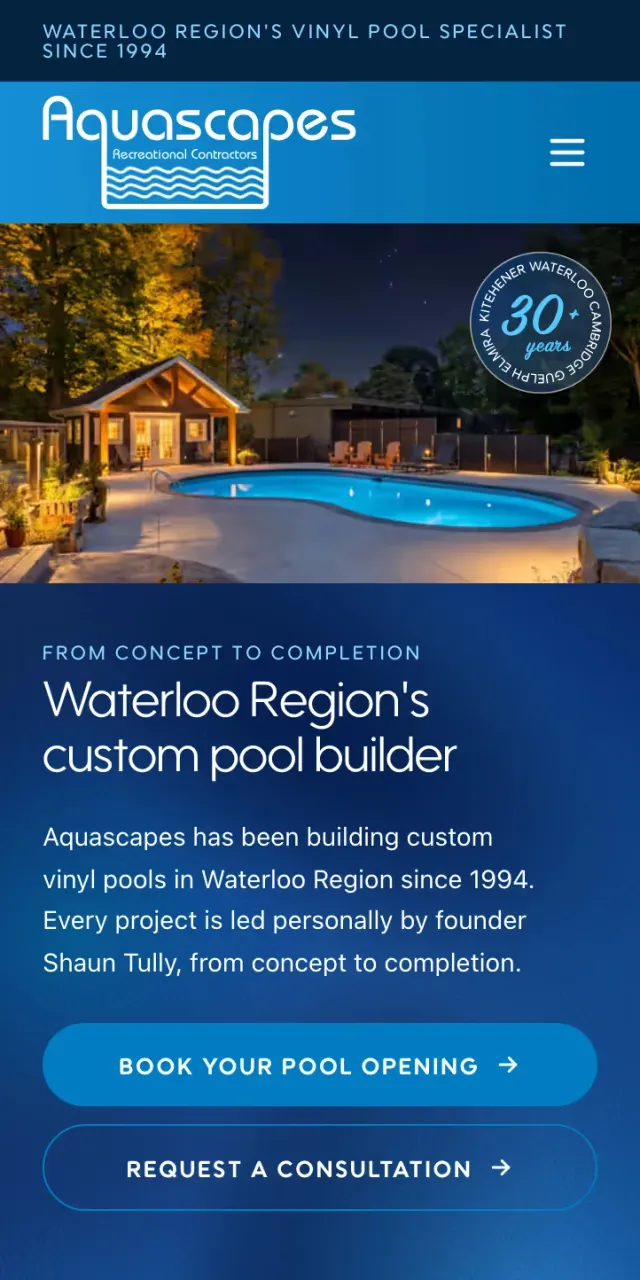 The Aquascapes home page at phone width: a dusk pool and cabana photo under the Waterloo Region custom pool builder headline.