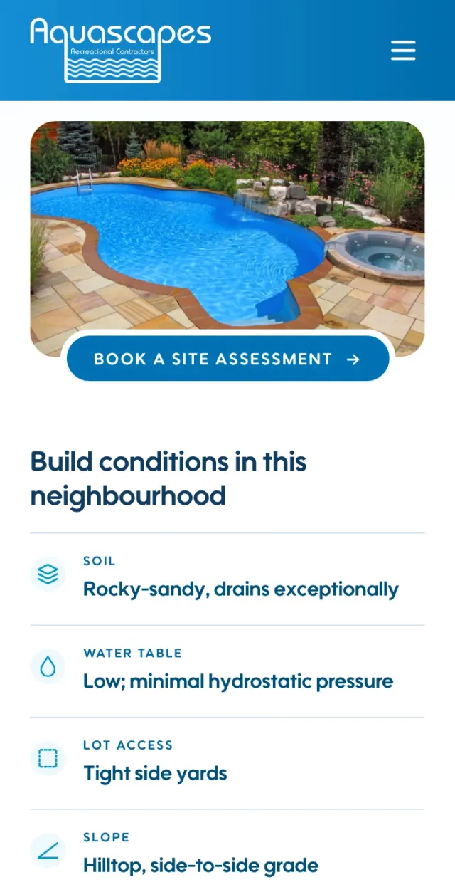 A neighbourhood page at phone width: a pool photo over a build conditions list covering soil, water table, lot access and slope.