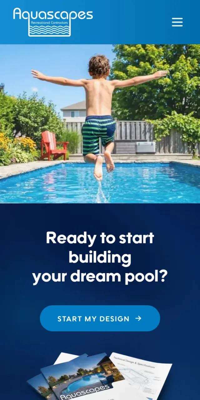 The home page call to action at phone width: a kid mid-jump into a backyard pool above the Ready to start building your dream pool heading.