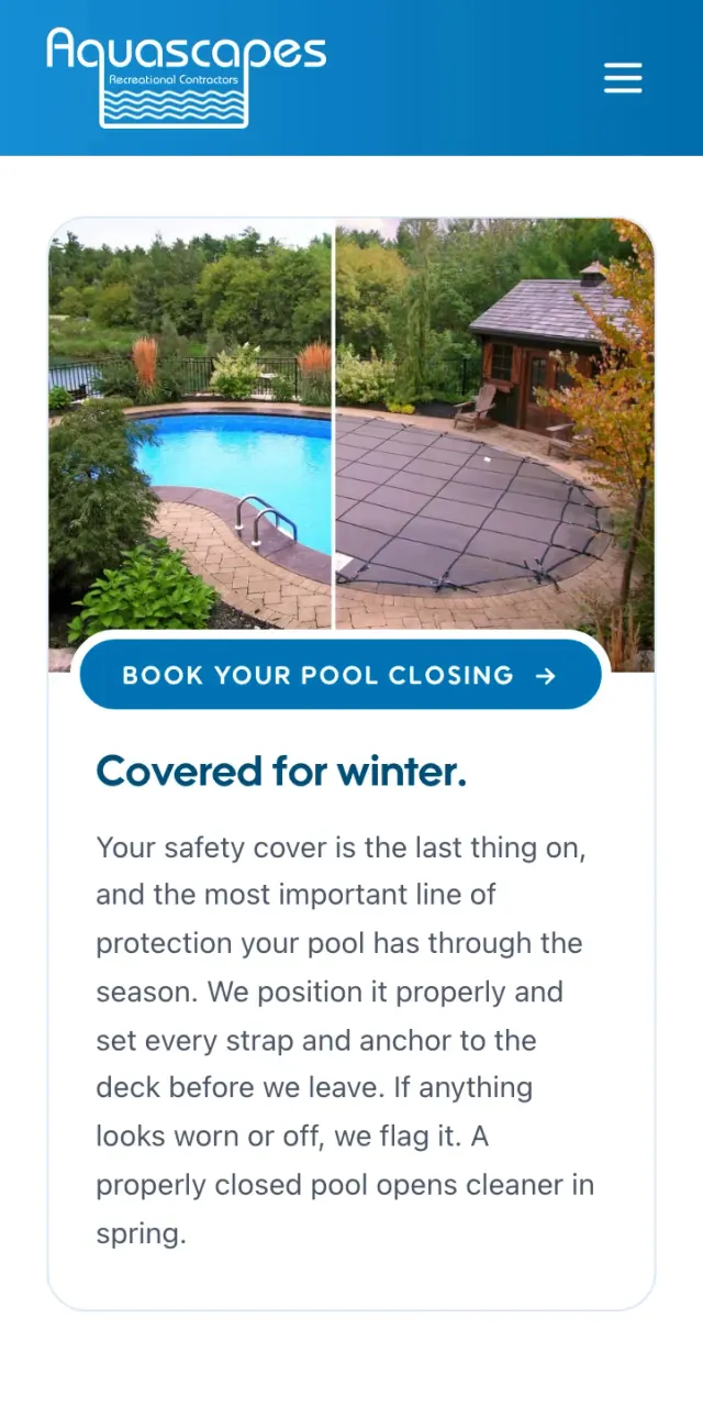 The pool closing service page at phone width: photos of a covered pool above the Covered for winter heading.
