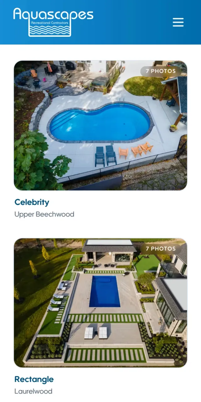 The pool gallery at phone width: aerial photos of the Celebrity and Rectangle builds with photo-count badges.
