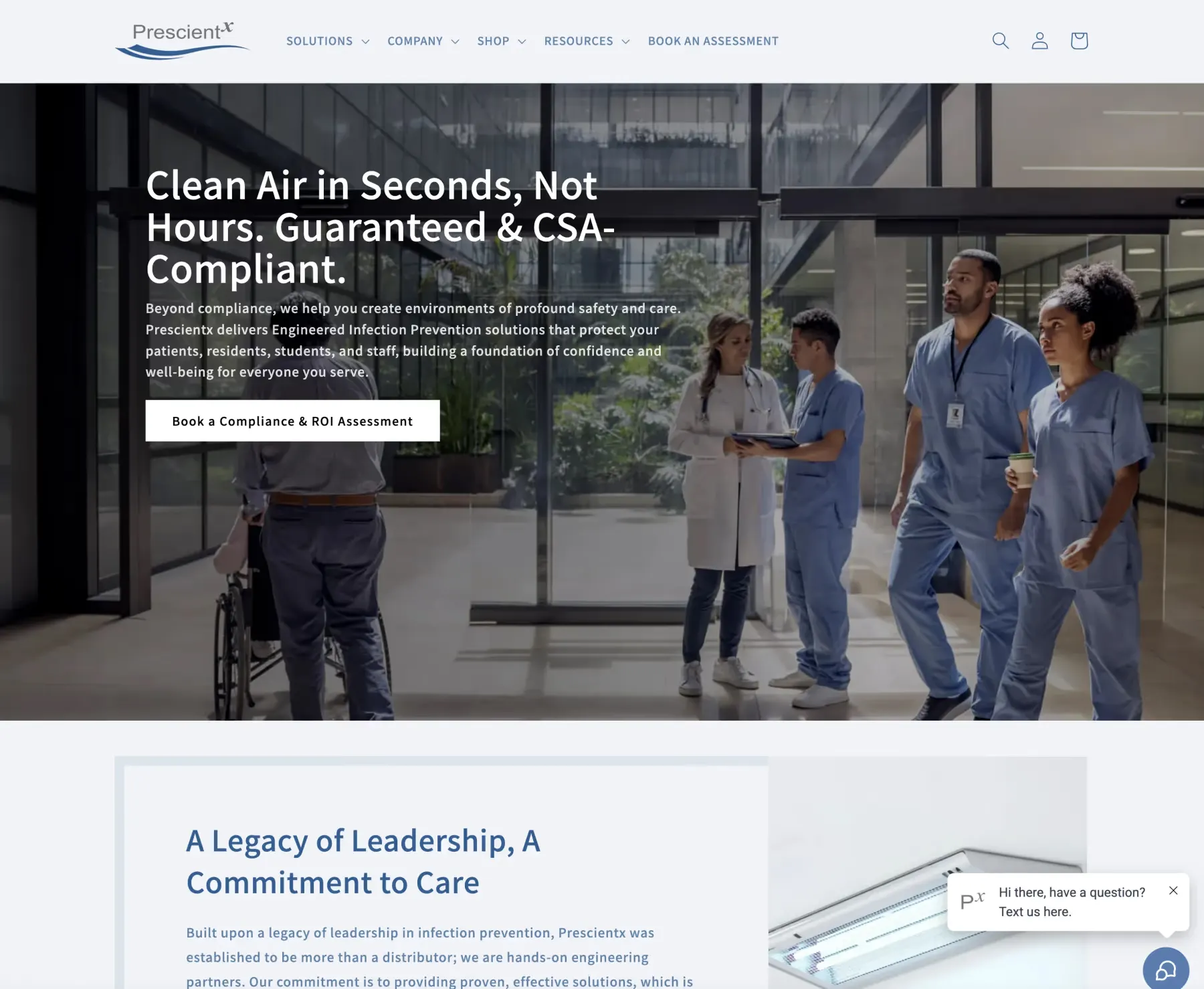 The Prescientx storefront: a headline reading Clean Air in Seconds, Not Hours — Guaranteed and CSA-Compliant, over a photograph of clinicians in a hospital corridor, with a Book a Compliance and ROI Assessment button.