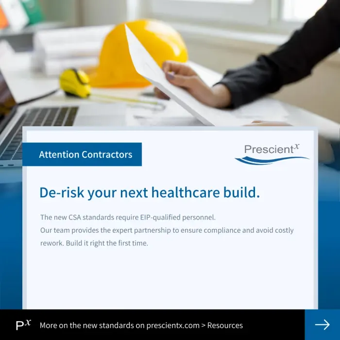 Prescientx social graphic: De-risk your next healthcare build.