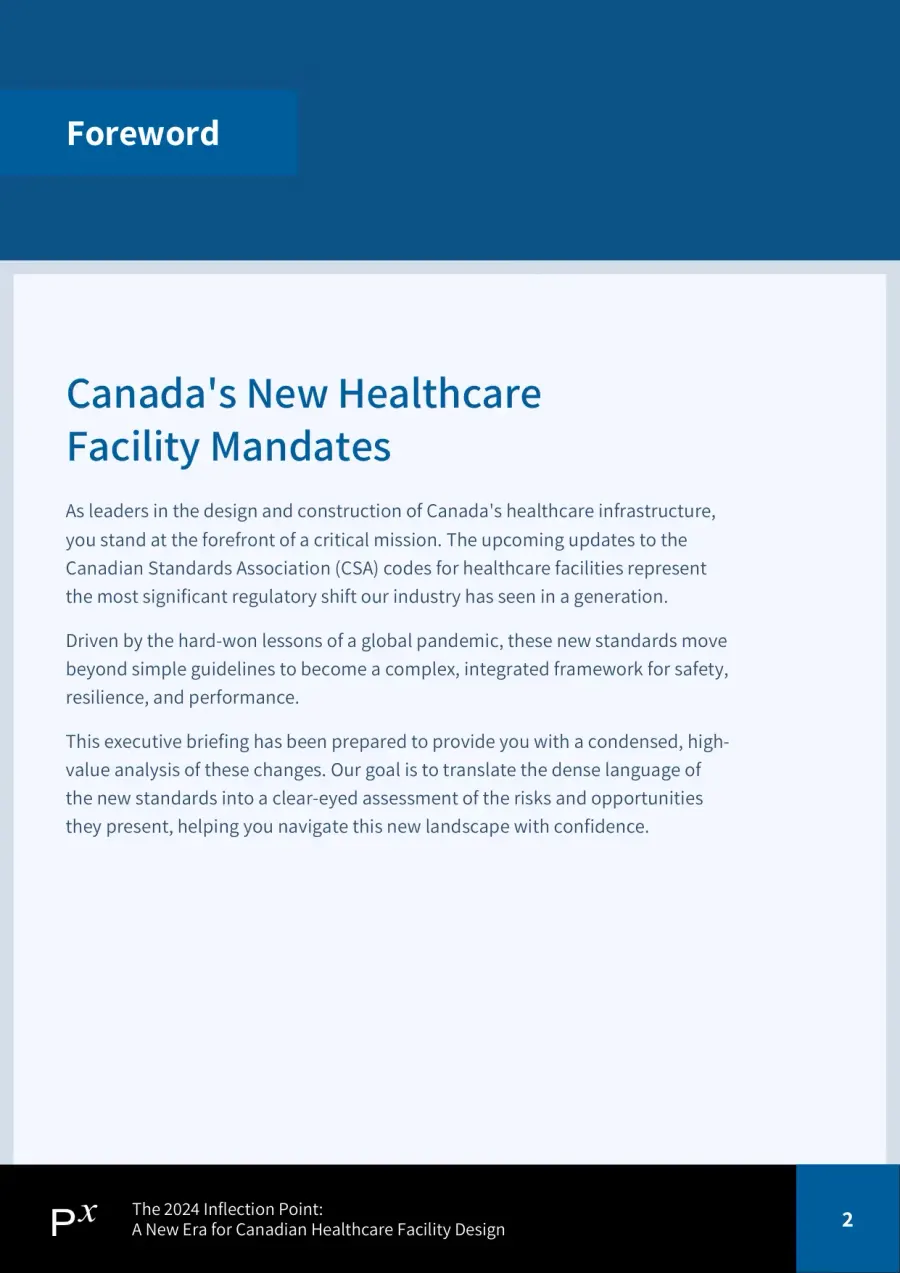 Page 2 of the Prescientx executive briefing on Canada's 2024 CSA healthcare facility standards.