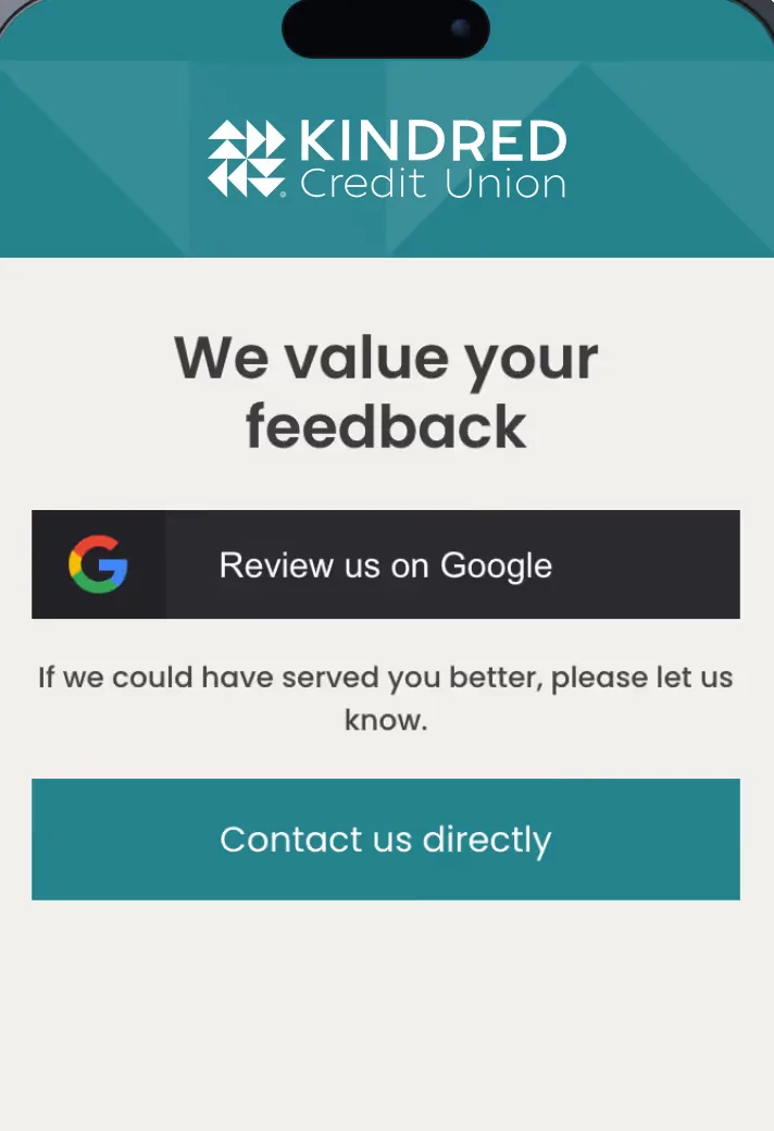 Smart Reviews landing page on a phone, under the Kindred Credit Union header: We value your feedback, with a Review us on Google button and a Contact us directly button.
