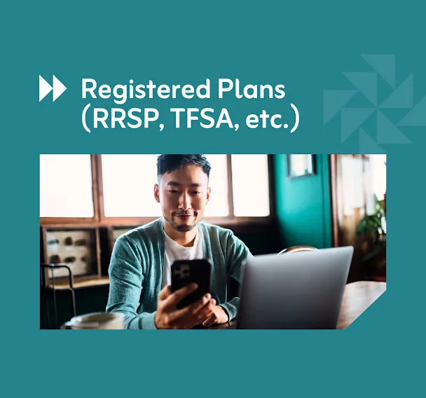 Kindred product tile, Registered Plans (RRSP, TFSA, etc.): a man checking his phone at a laptop, on Kindred teal.