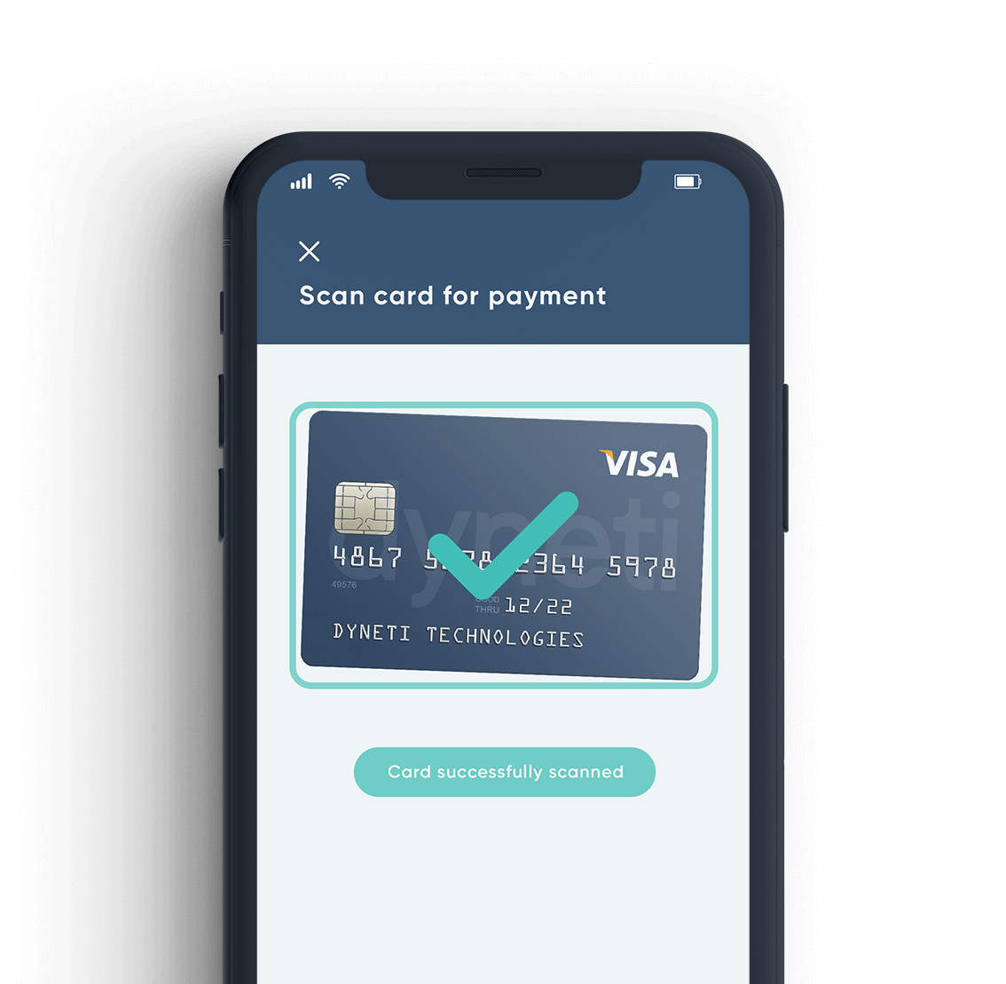Image of a mobile Dyneti UI scanning a credit card