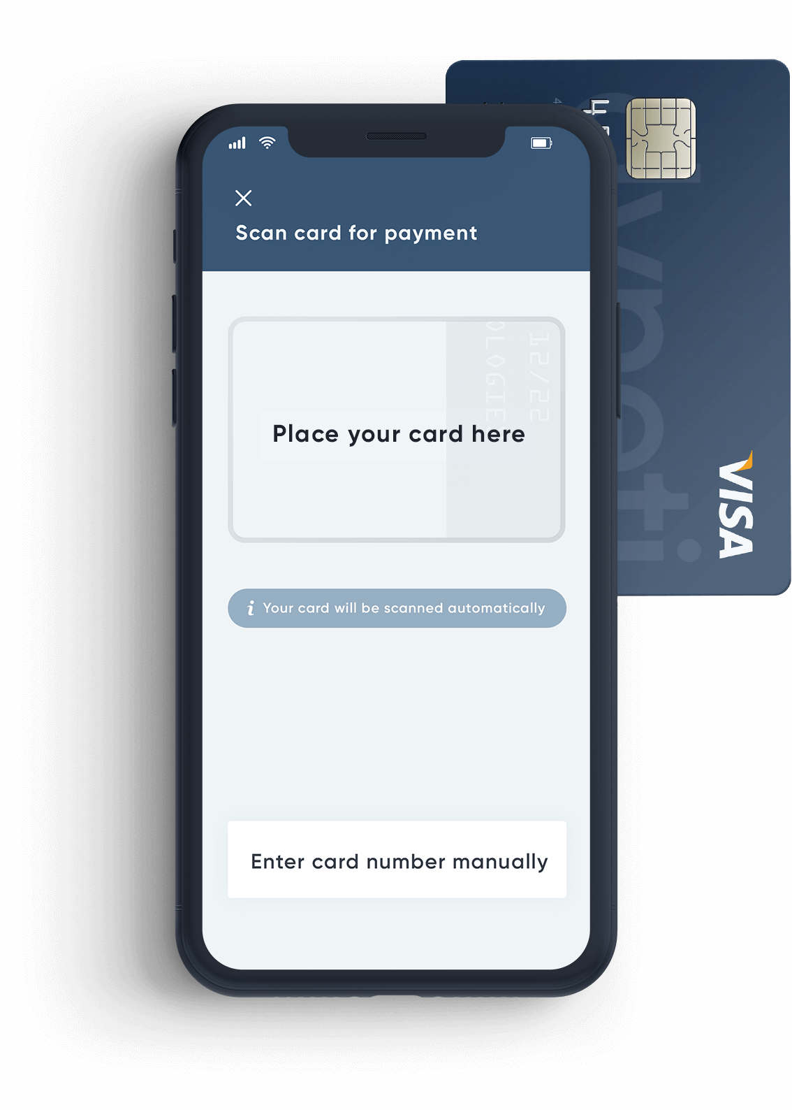 Image of a mobile Dyneti UI scanning a credit card