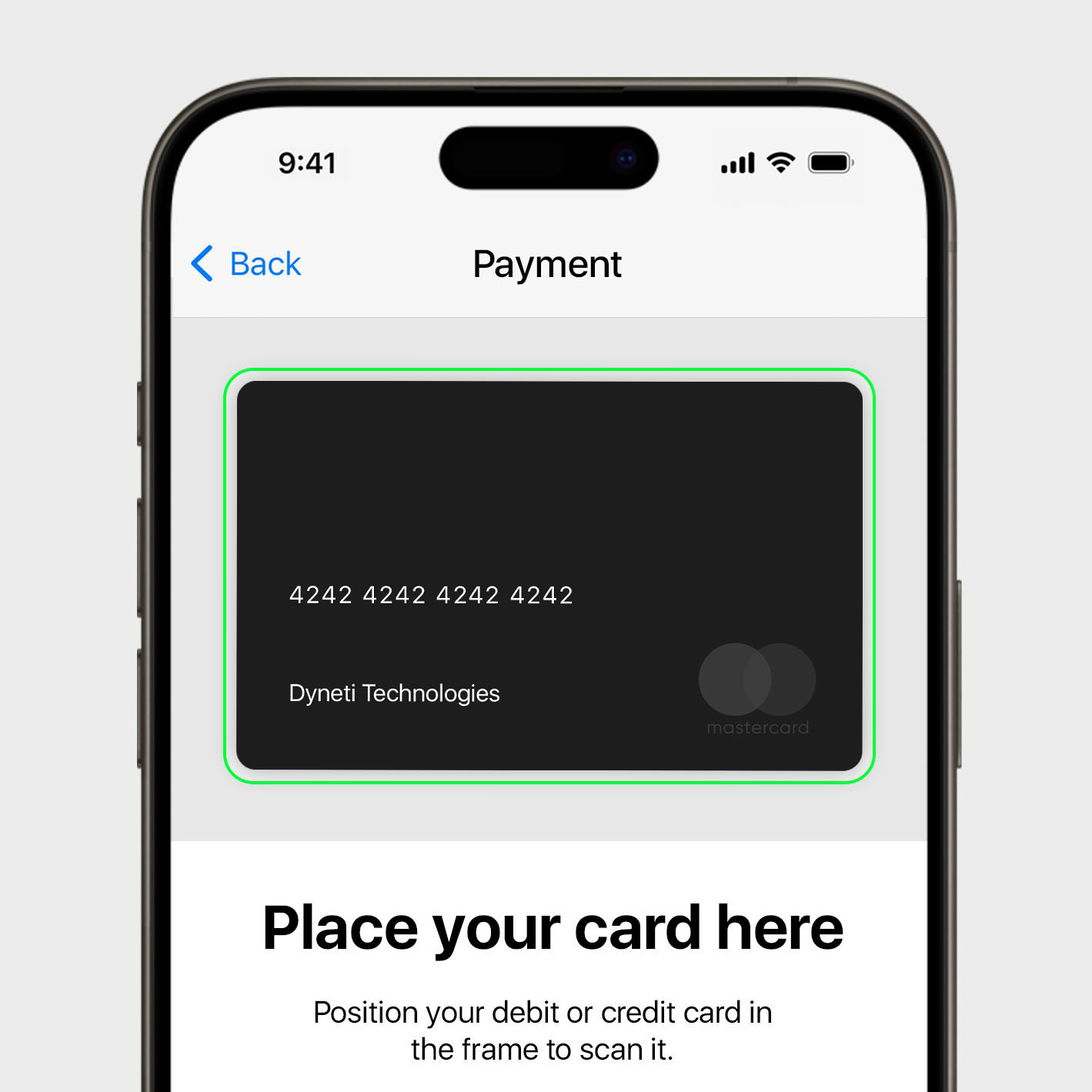 Image of a mobile Dyneti UI scanning a credit card