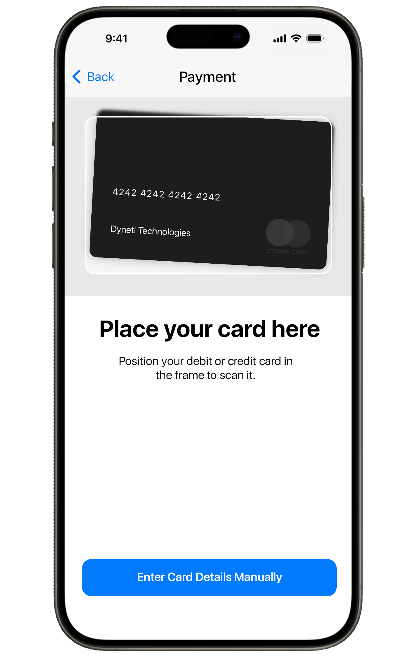 Image of a mobile Dyneti UI scanning a credit card