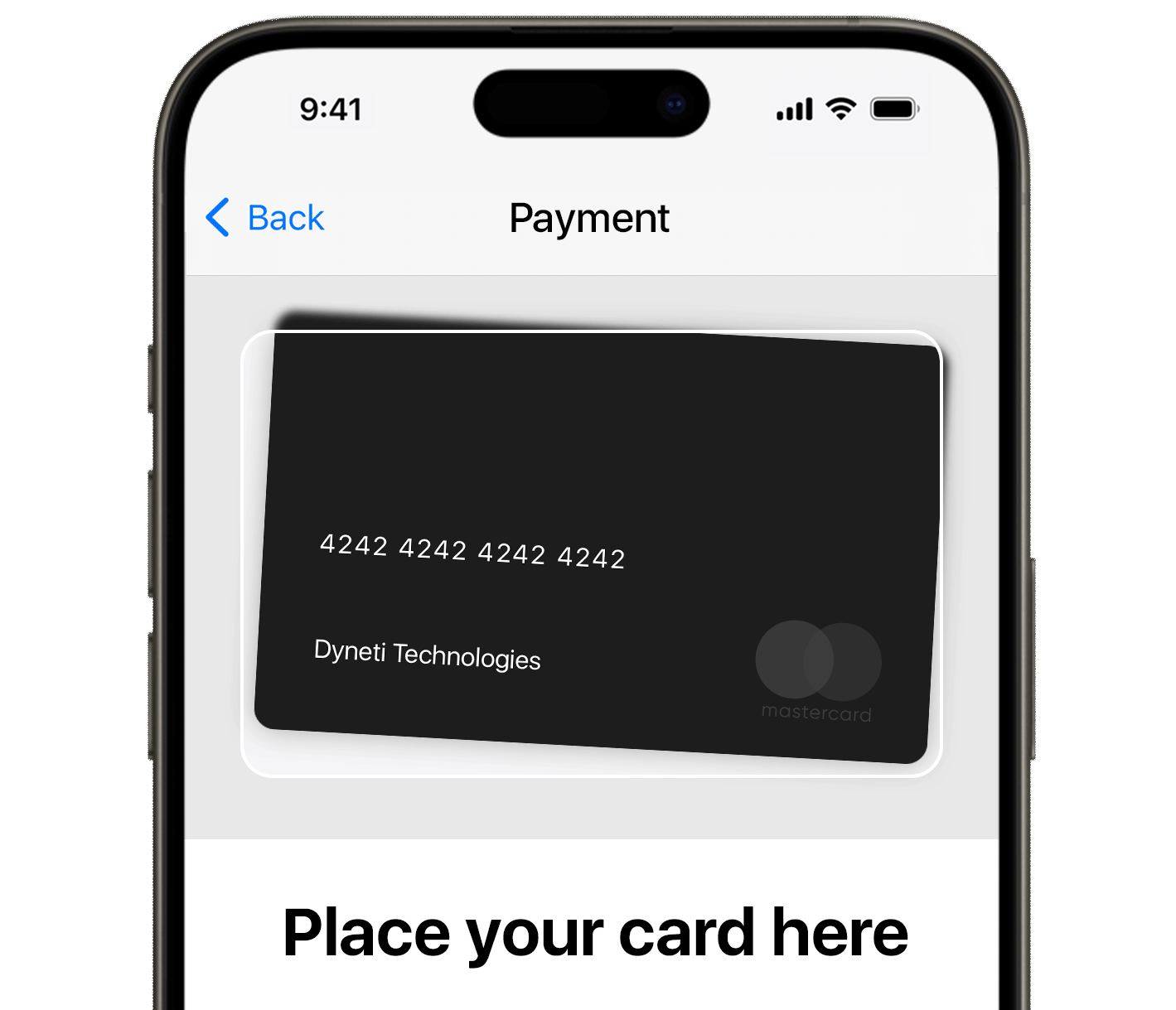 Image of a mobile Dyneti UI scanning a credit card