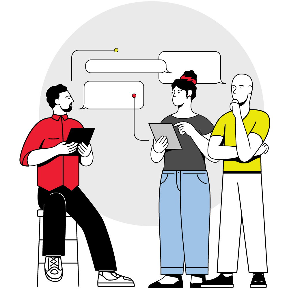 Team collaborating on digital tablets and discussing ideas during an AI adoption meeting.