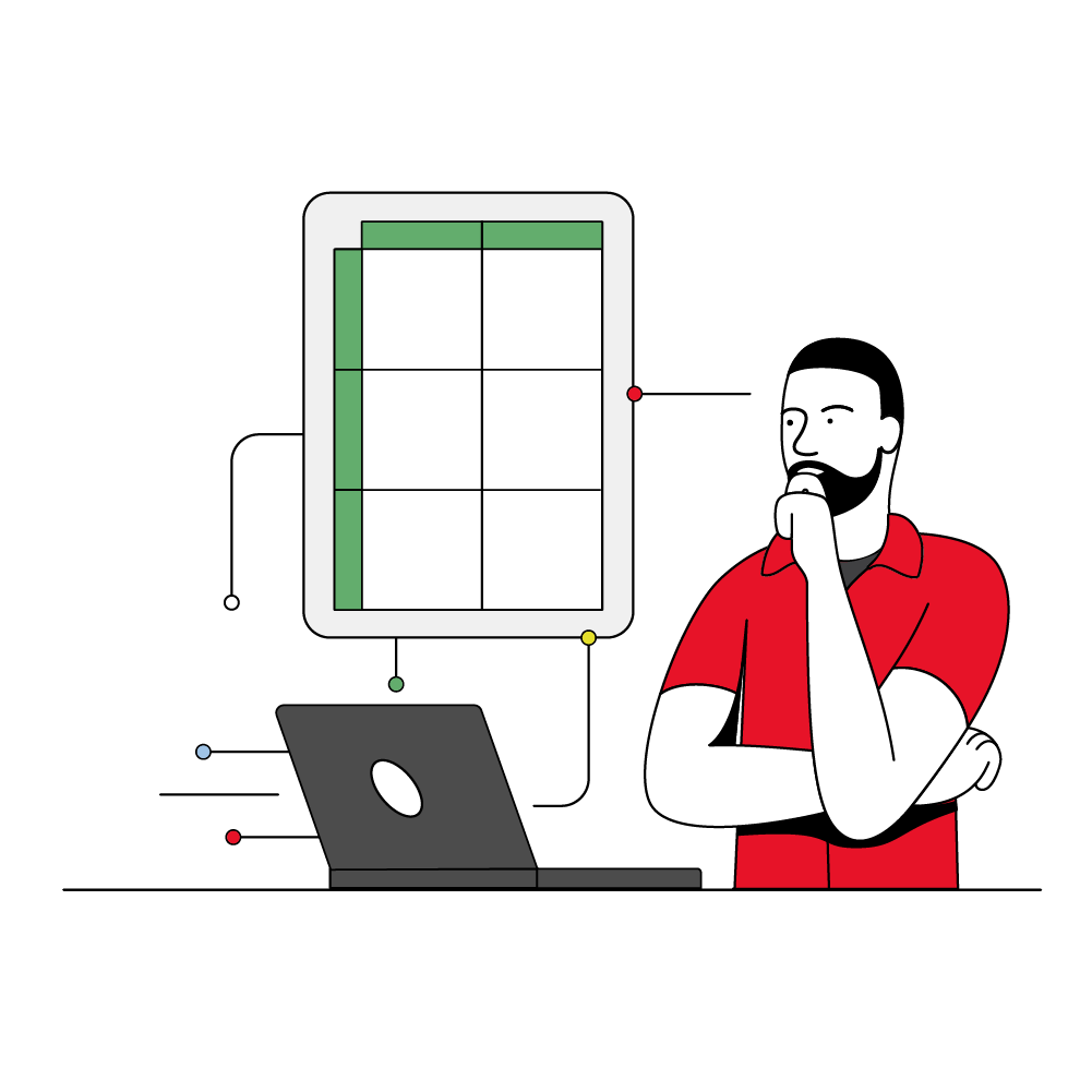 Professional thinking in front of a computer and data chart, analysing how to adapt to change in the age of AI.