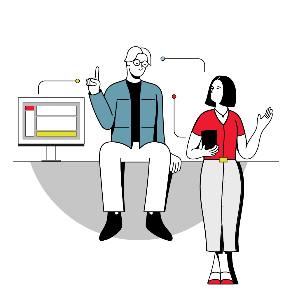 Two colleagues exchanging ideas beside a computer screen, illustrating new team dynamics in the AI era.