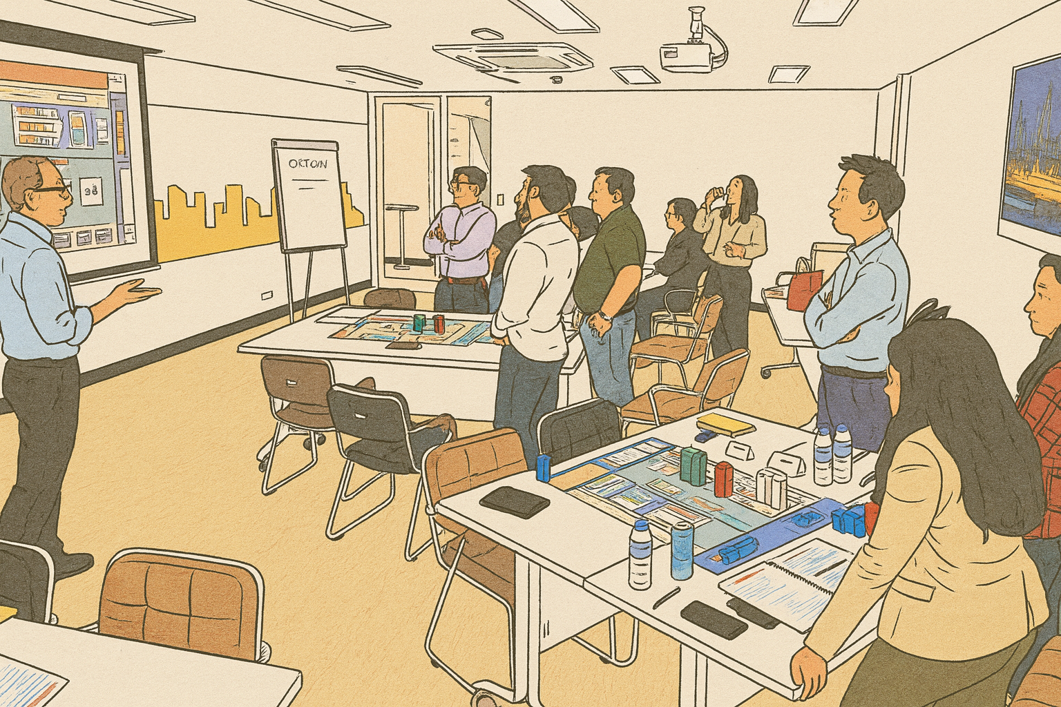 Team in training sitting around table.