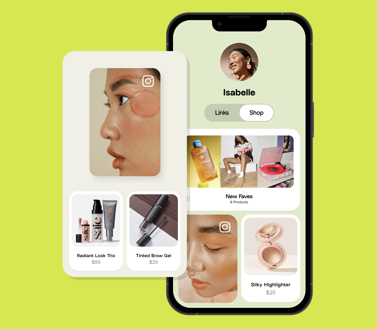 Mobile phone displaying a Linktree profile with a prominent 'Shop' button, showcasing an e-commerce feature for seamless online shopping.