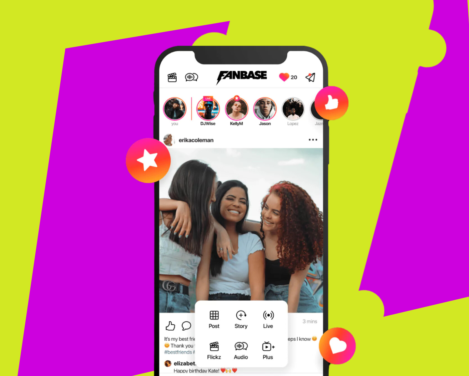  Screenshot of the Fanbase app, showcasing the range of content formats available to creators. 