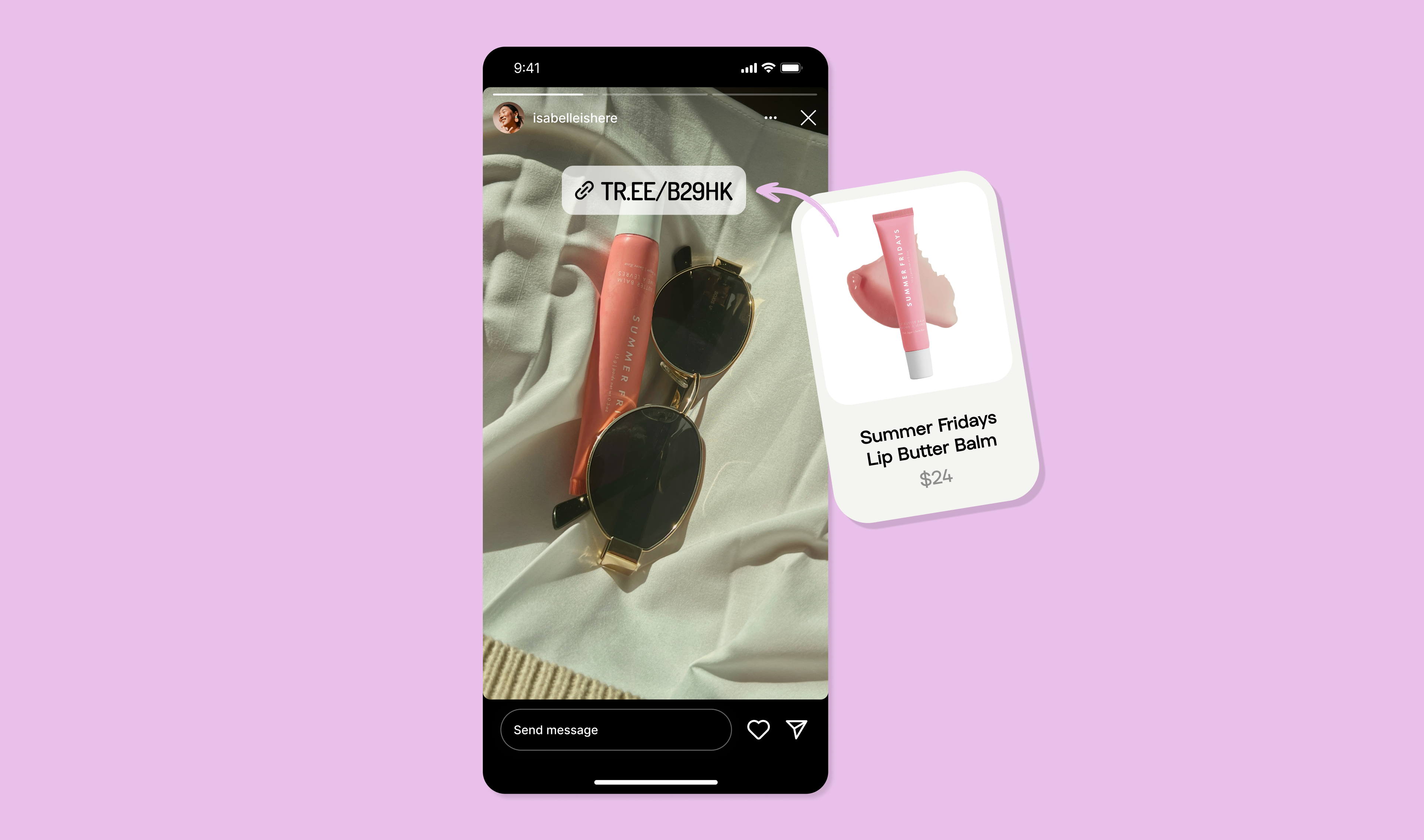 A screenshot of an Instagram Story with a link to a shoppable product, and the product information as a breakout box.