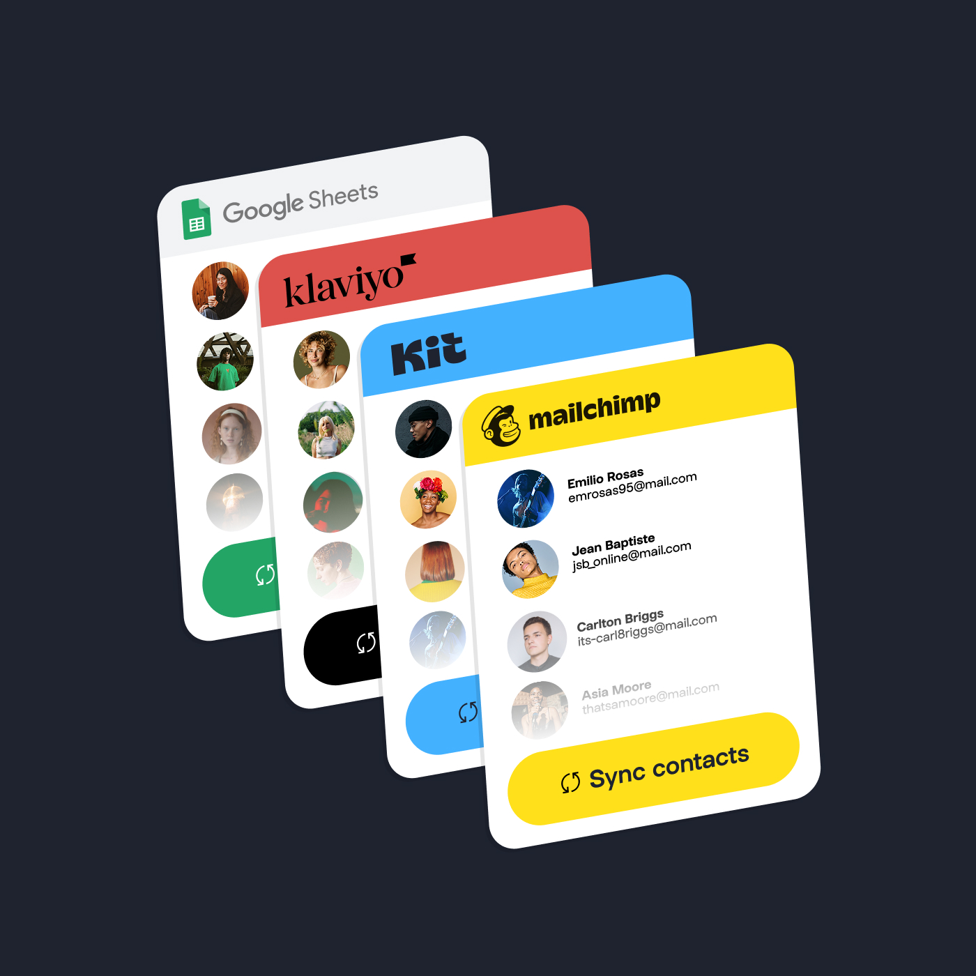 Screens for Klaviyo, Kit and Mailchimp integrations against a black background.&nbsp;&nbsp;
