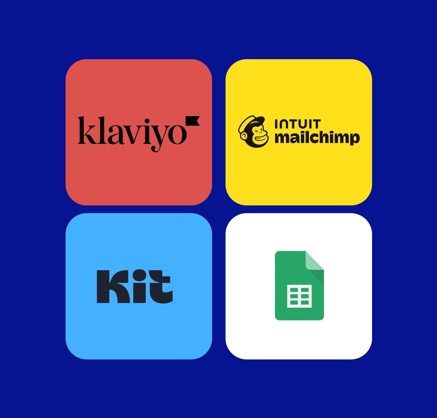  The Audience integrations screen within Linktree, showing integrations with Klaviyo, Kit, Mailchimp and Google Sheets against a green background.