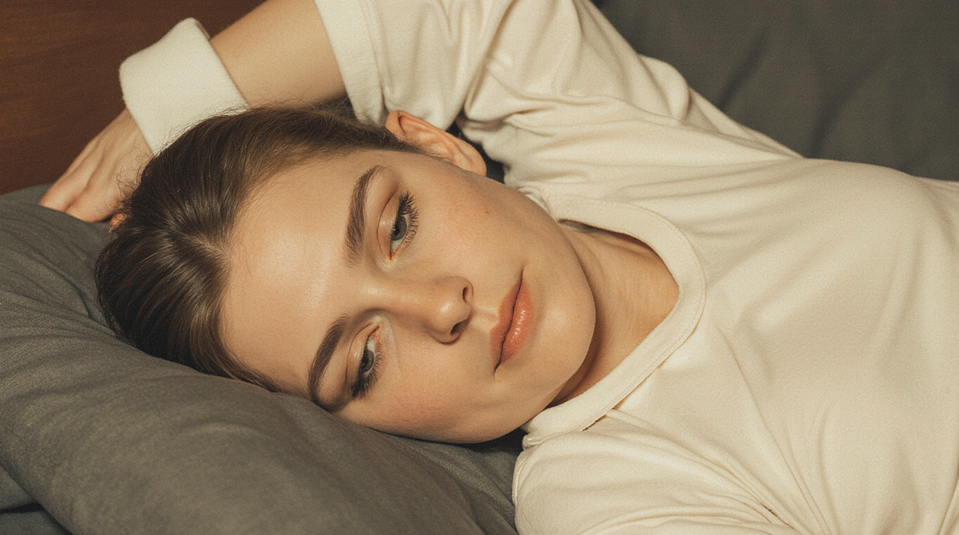 Close-up of a woman lied back on a couch looking tired and fatigued.