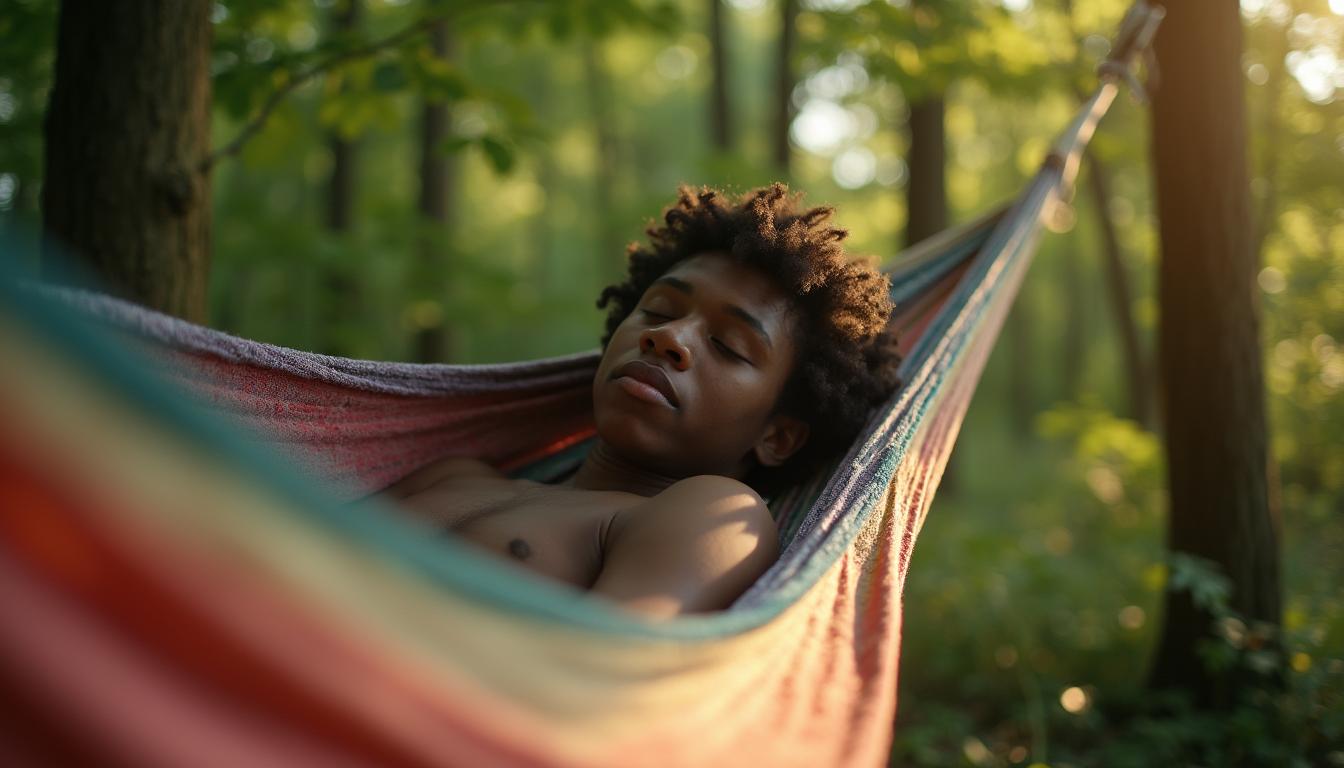 A Carribean young male sleeping restfully in a hammock the shade of a forest.