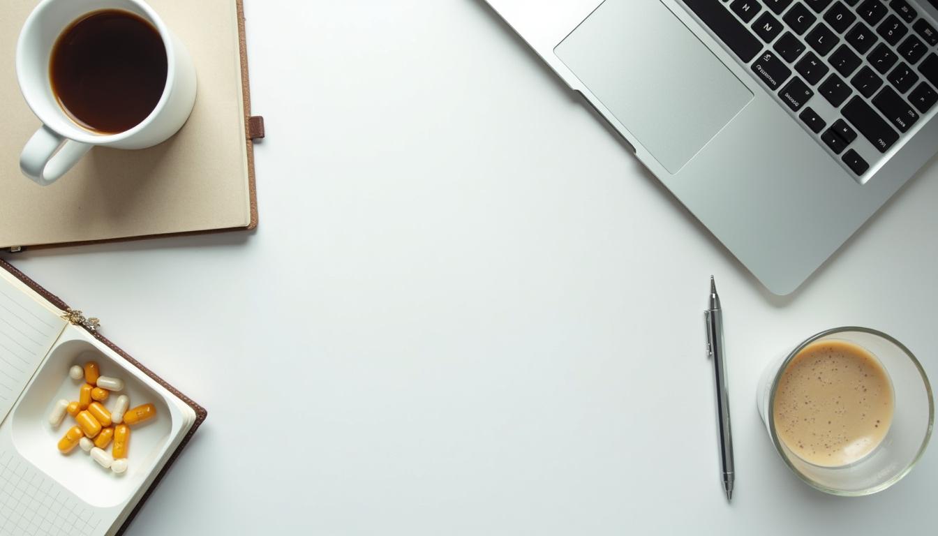 Top down view of a table top with coffee, supplements, pen and a laptop.