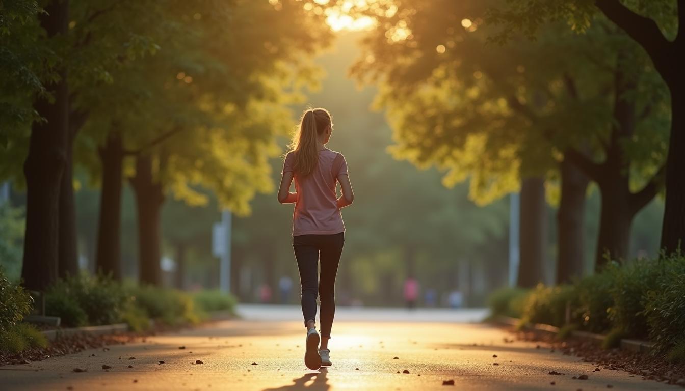 A healthy lady jogging in a sunny park