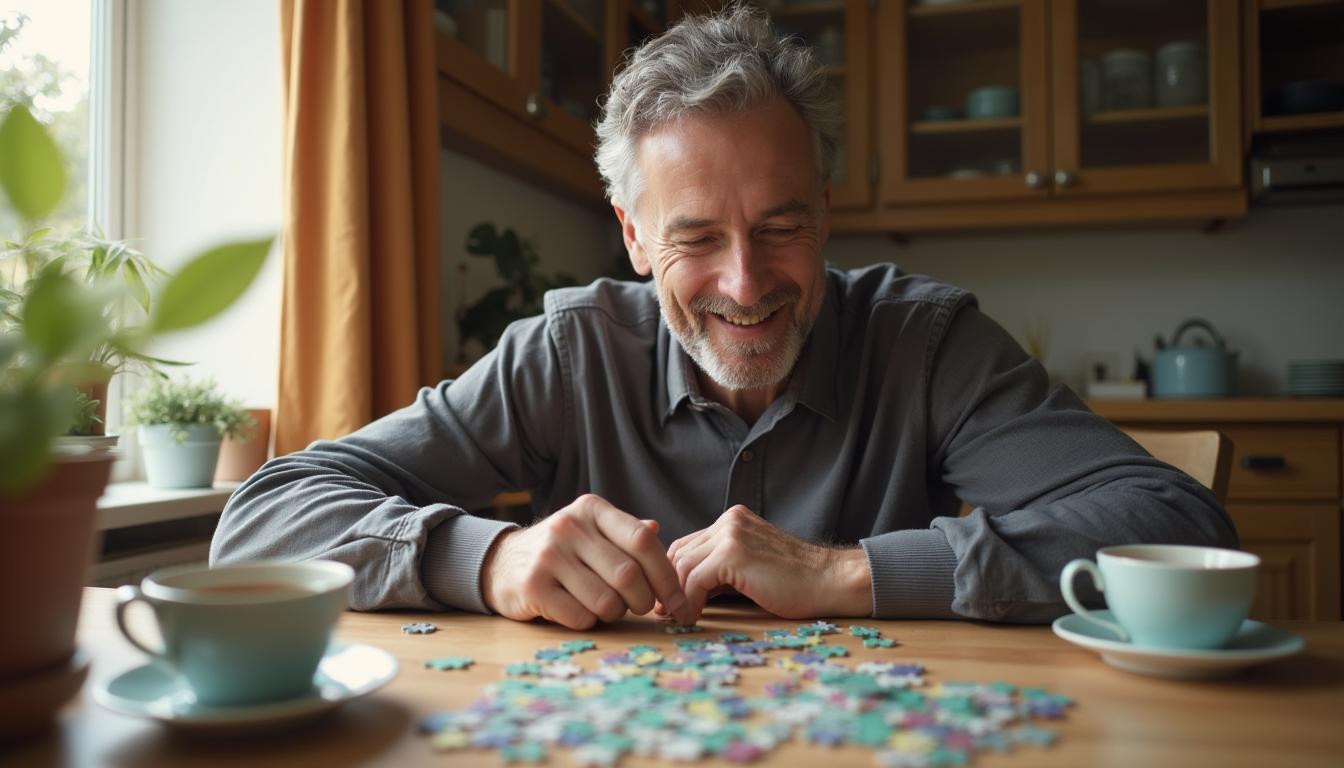 50 year old man at his kitch table doing a jigsaw puzzle.
