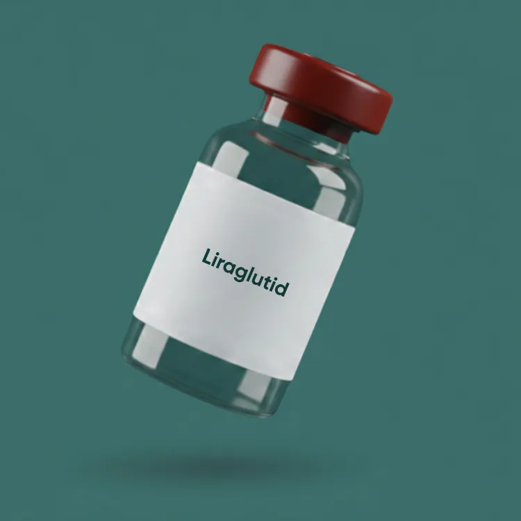 Medikamentenfläschchen mit der Aufschrift Liraglutid vor grünem Hintergrund als Darstellung eines Wirkstoffs zur Behandlung von Adipositas.