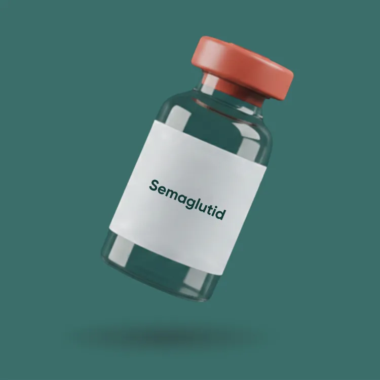 Medikamentenfläschchen mit der Aufschrift Semaglutid vor grünem Hintergrund als Darstellung eines Wirkstoffs zur Behandlung von Adipositas.
