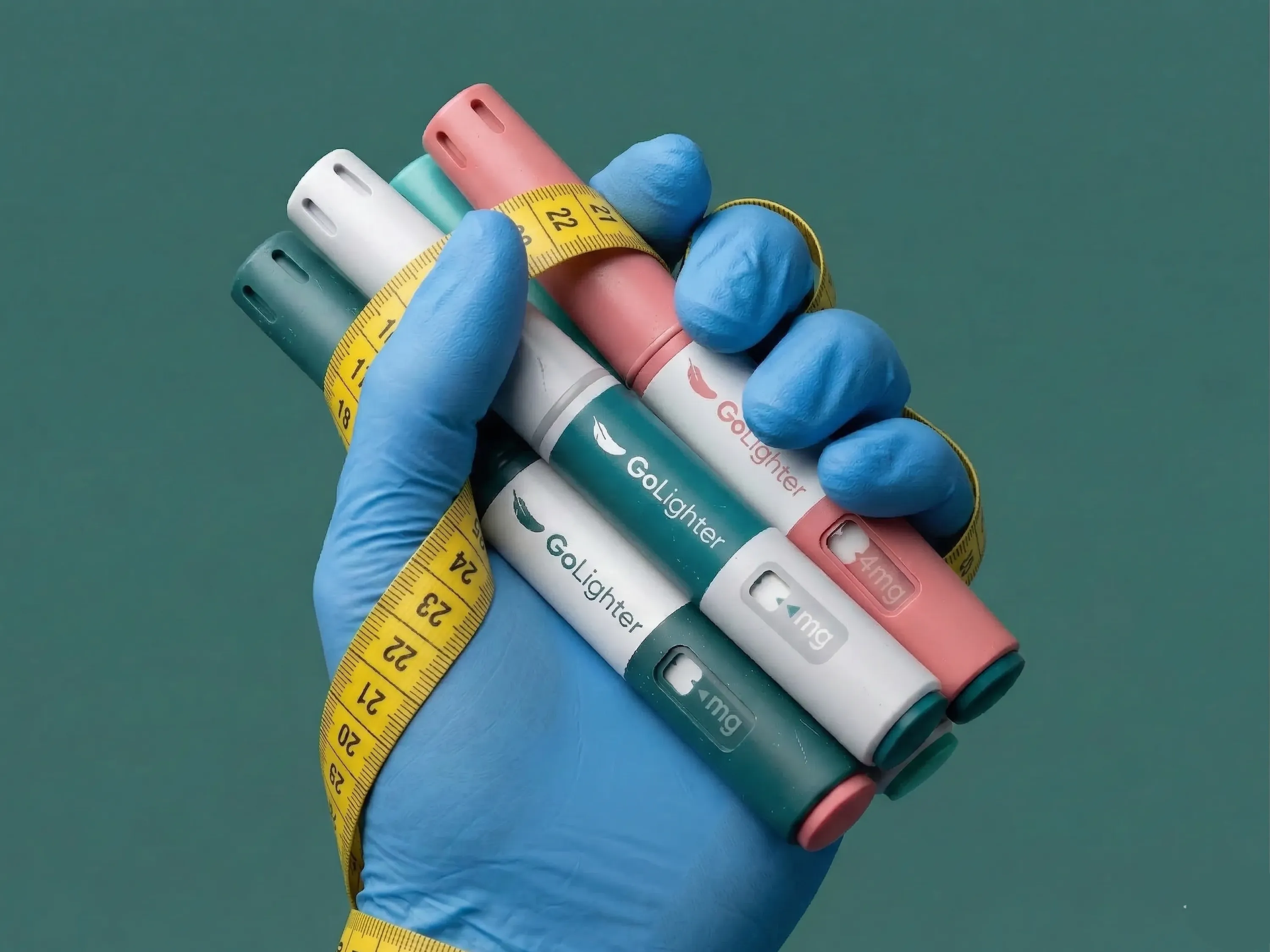 Hand mit medizinischem Handschuh hält Medikamente zum Abnehmen und Maßband für Gewichtsreduktion