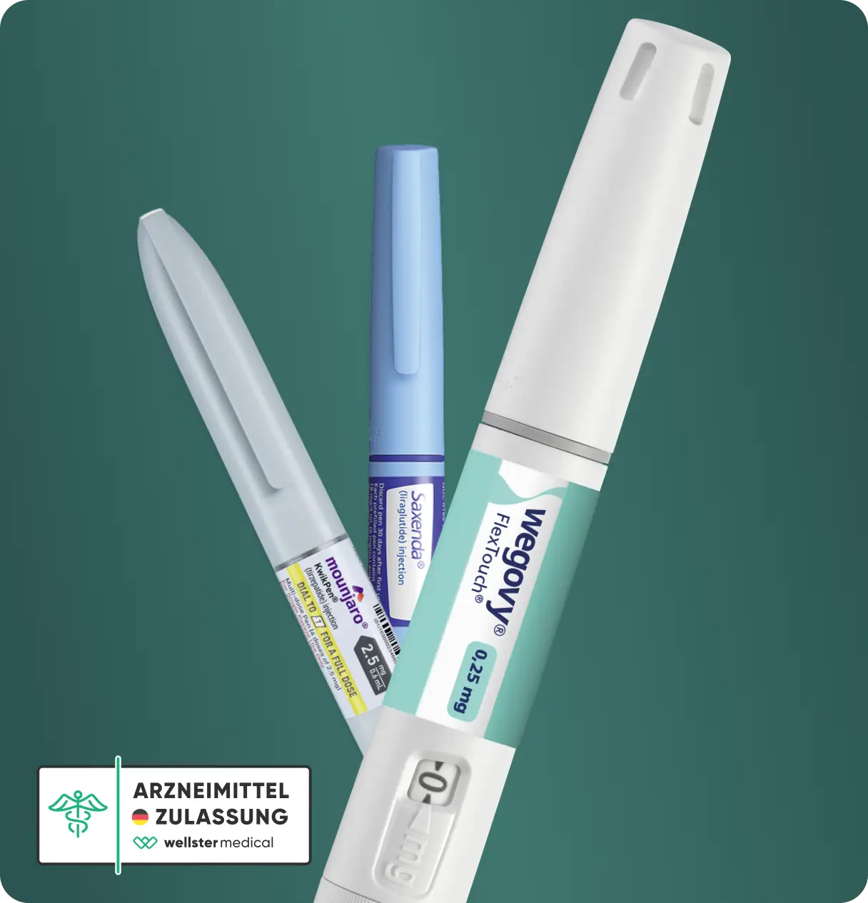 Abnehmspritzen Wegovy®, Mounjaro® und Saxenda® mit dem Siegel "Arzneimittelzulassung" auf grünem Hintergrund.