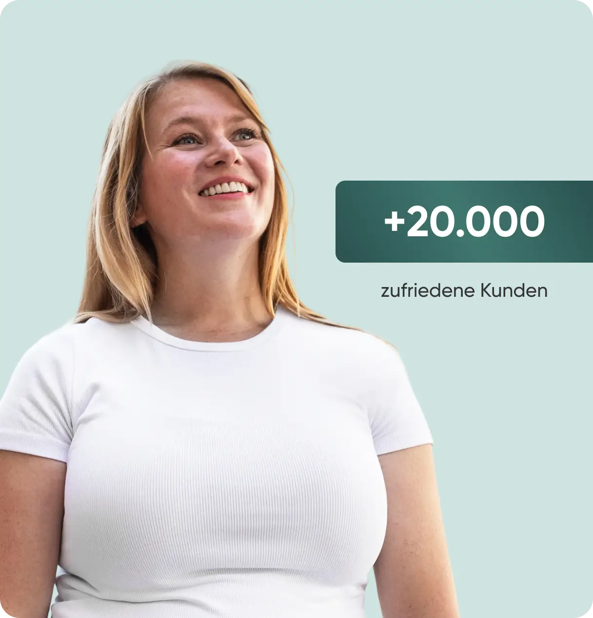 Frau lächelt neben der Zahl 20.000 zufriedener Abnehmspritze-Kunden.