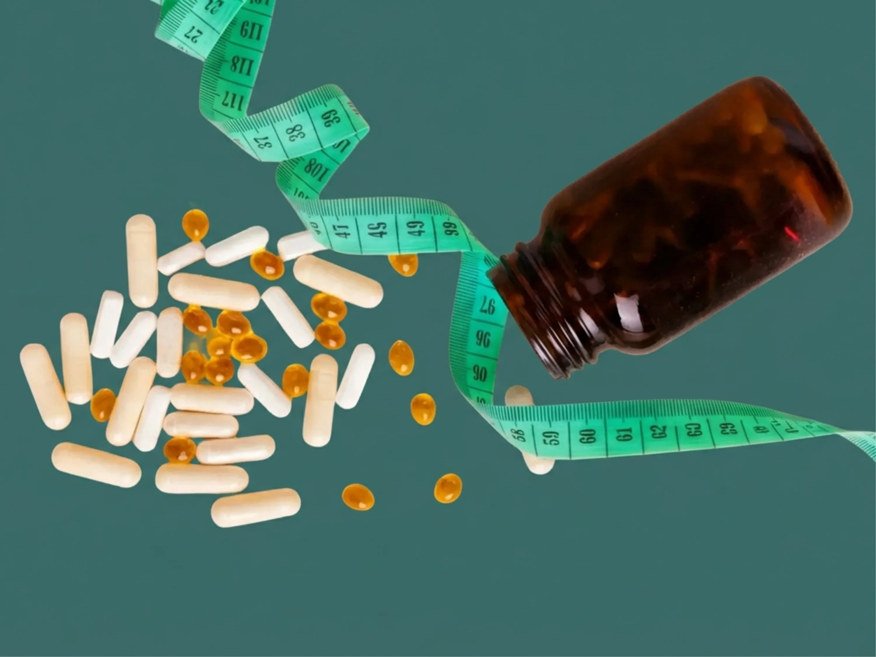 Auf einem grünen Hintergrund liegen verstreute Abnehmtabletten neben einer geöffneten braunen Pillendose und einem Maßband als Symbol für Gewichtsabnahme.