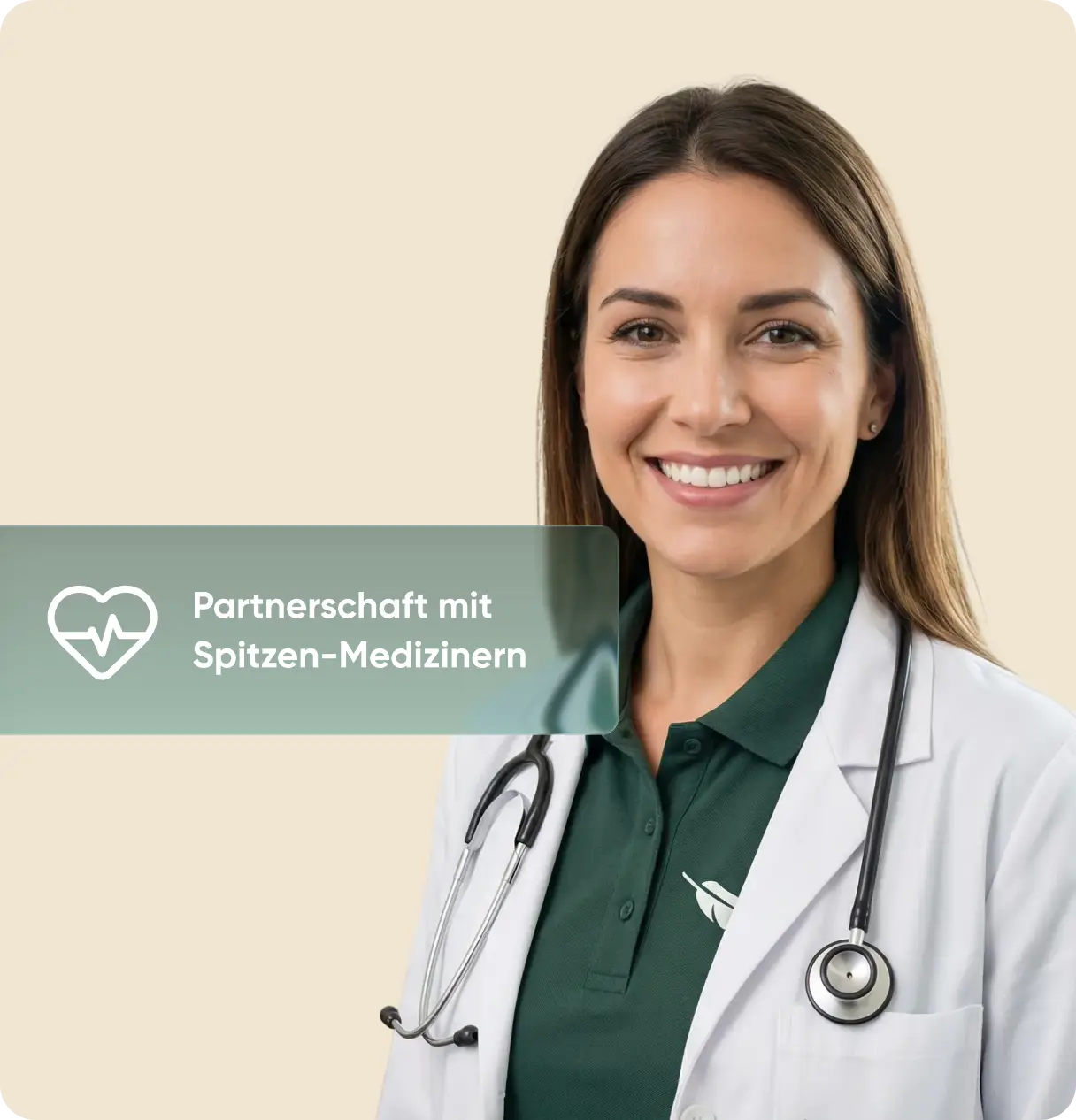 Lächelnde Ärztin mit Stethoskop, daneben Text „Partnerschaft mit Spitzen-Medizinern" zur Abnehmspritzen-Behandlung