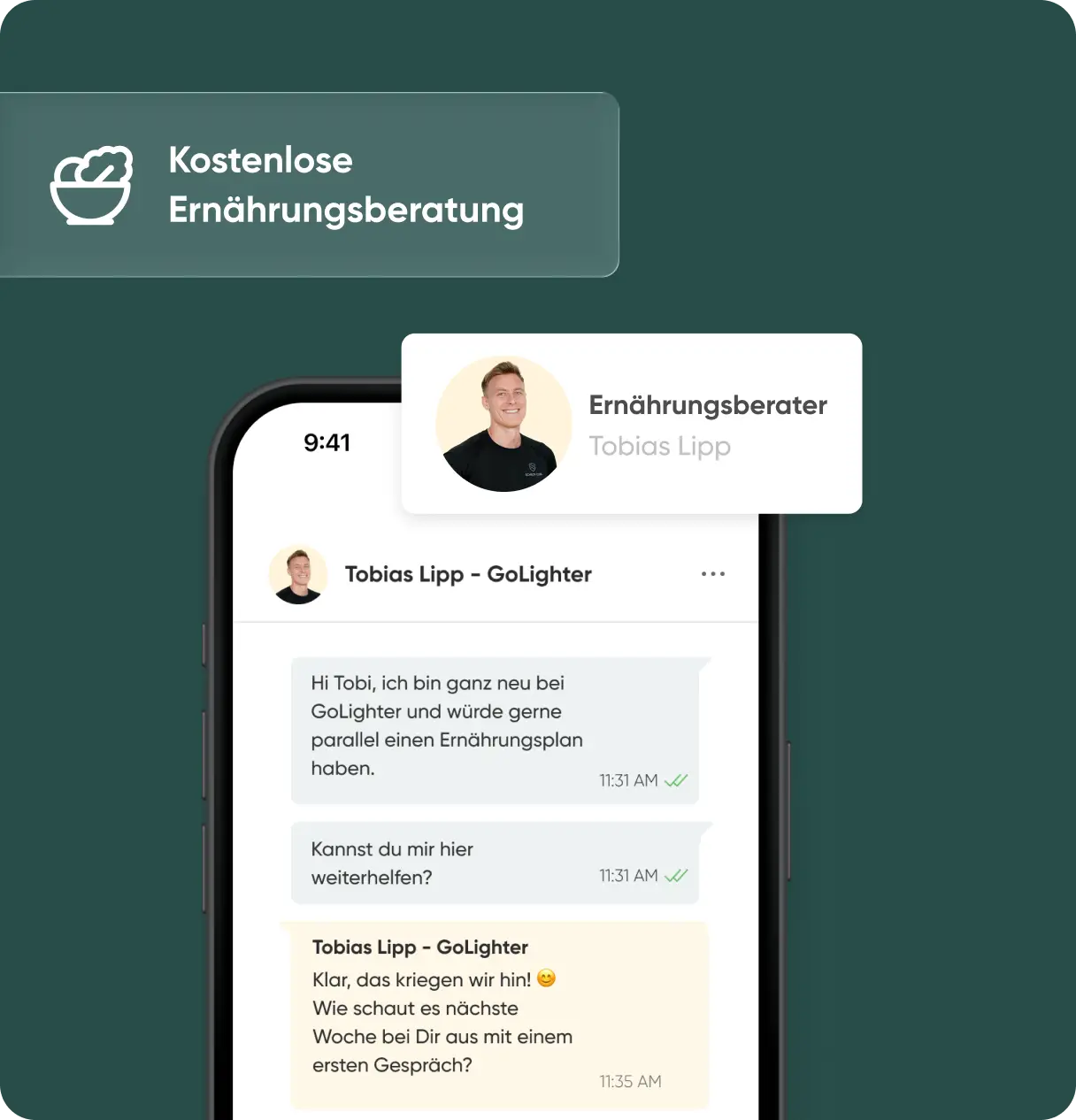 Chat-Screenshot mit Ernährungsberater Tobias Lipp zur kostenlosen Ernährungsberatung begleitend zur Abnehmspritze