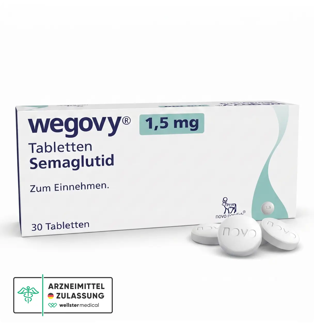 Drei Abnehmtabletten Wegovy mit Arzneimittelzulassungs-Siegel von wellster medical