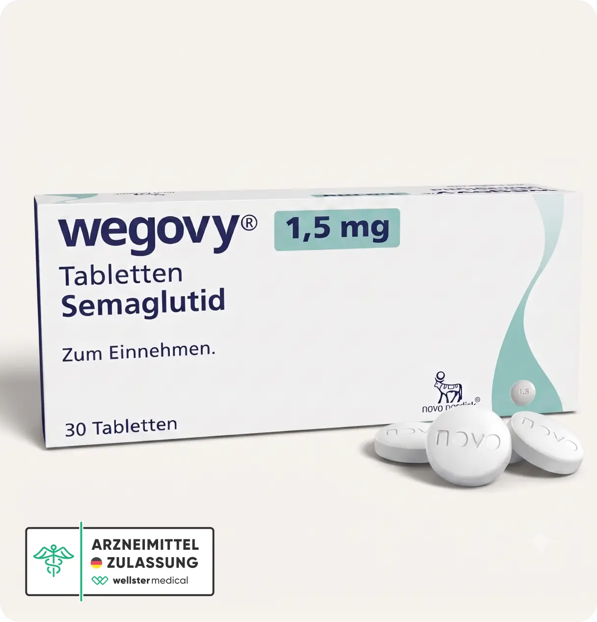 Drei Abnehmtabletten Wegovy mit Arzneimittelzulassungs-Siegel von wellster medical