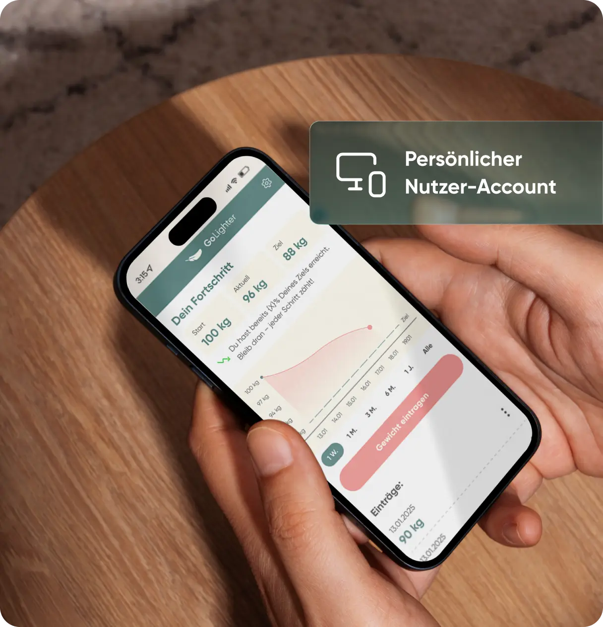 Smartphone zeigt GoLighter-App mit Gewichtsverlauf (100 kg aktuell auf 96 kg, Ziel 88 kg) während einer Abnehmspritzen-Behandlung