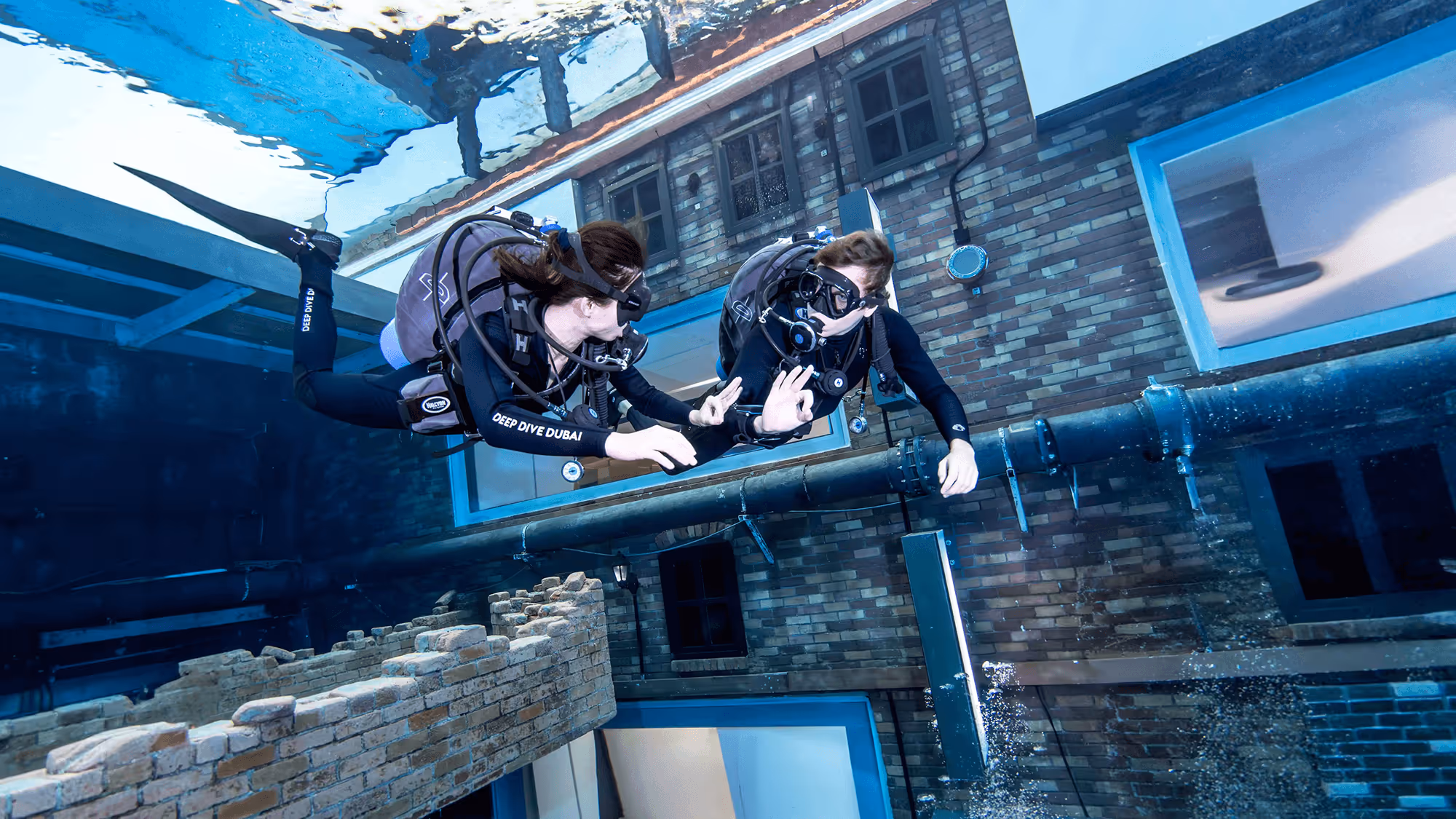 a couple of people diving underwater