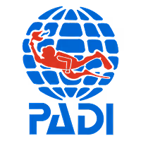 PADI logo with a red scuba diver holding a torch over a blue globe grid.