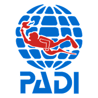 PADI logo with a red scuba diver holding a torch over a blue globe grid.