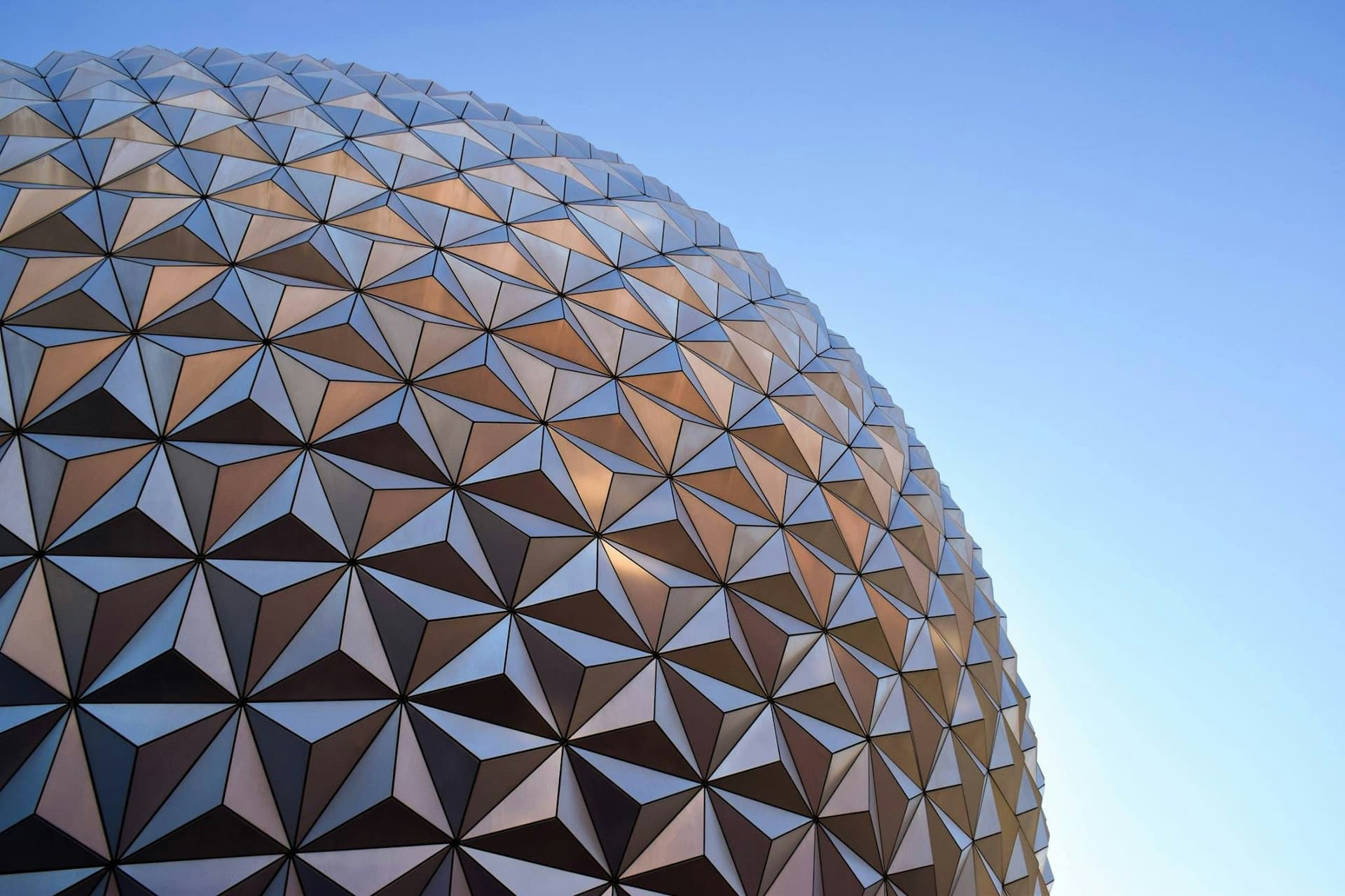 Spaceship Earth at Epcot in Walt Disney World, known for its distinct triangular cladding panels.