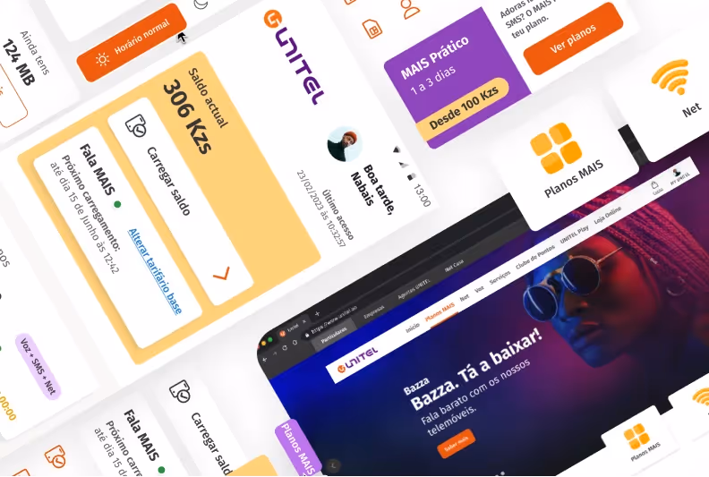 A collage of screens from the app and website of UNITEL, showcasing balance information, service options, plans, and a vibrant promotional banner with a person wearing sunglasses