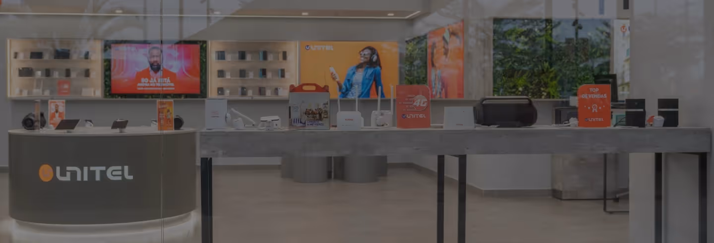 A collage of screens from the app and website of UNITEL, showcasing balance information, service options, plans, and a vibrant promotional banner with a person wearing sunglasses