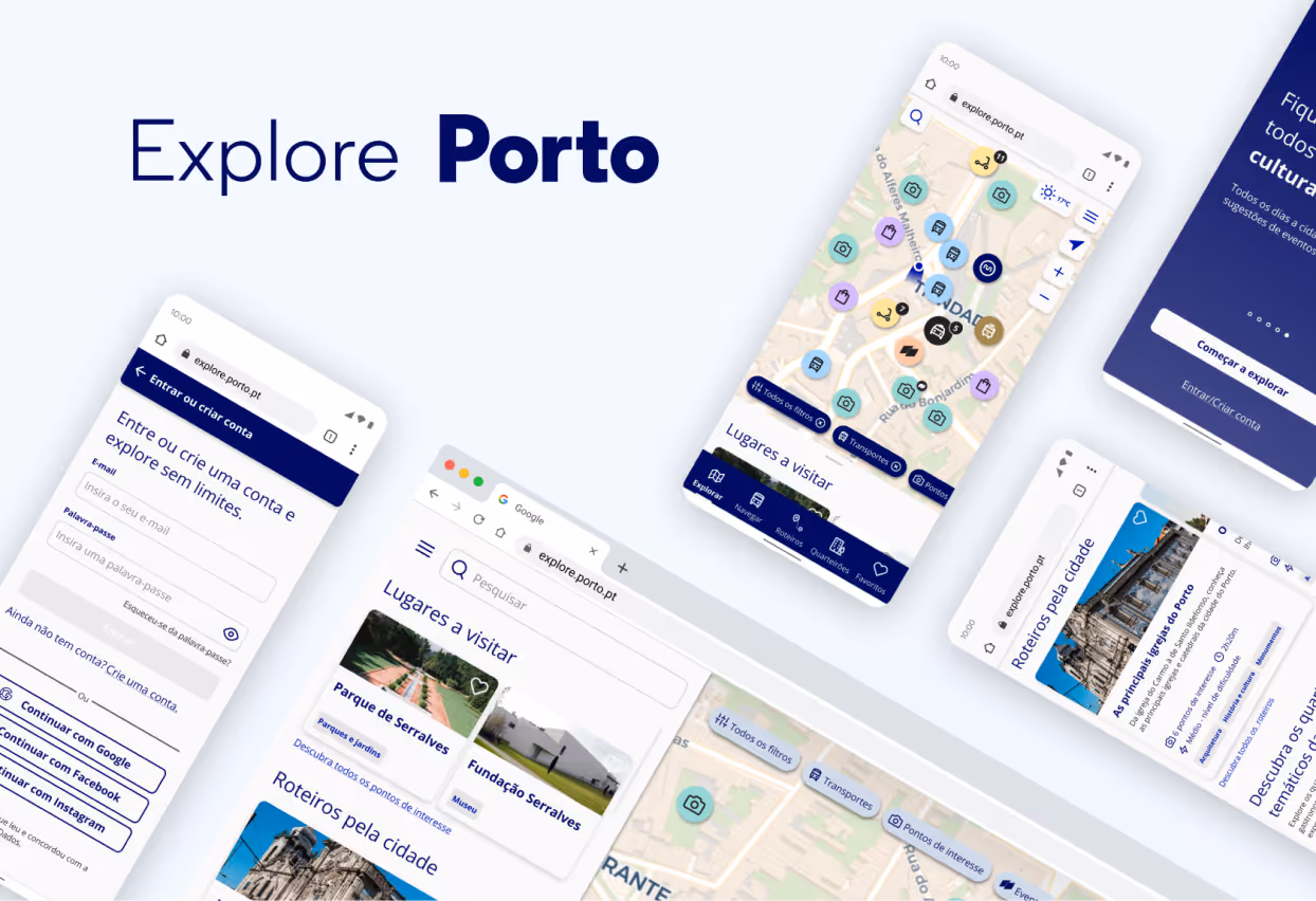 A collage of mobile app screens with maps and information, titled ‘Explore Porto'
